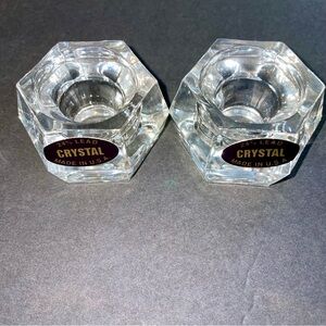2 Hexagonal 24% Lead Crystal  Taper Candle Holders Made in USA Christmas Dinner